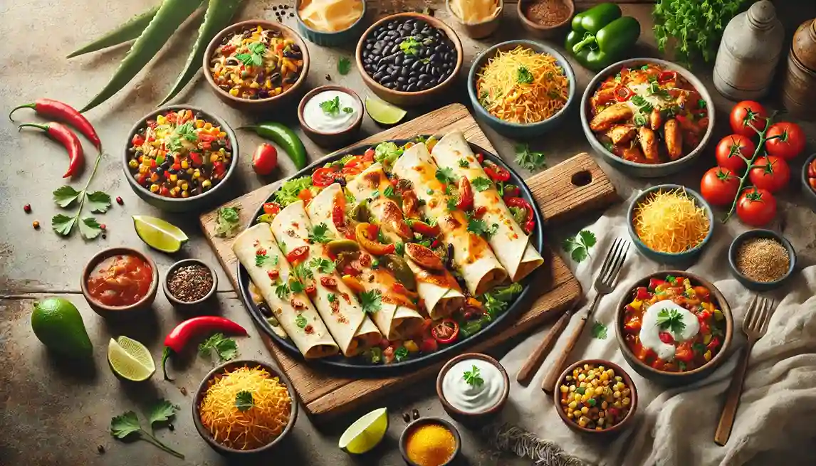 A vibrant presentation of chicken enchiladas with assorted toppings, sides, and garnishes, inspired by the Flower Child chicken enchiladas recipe.