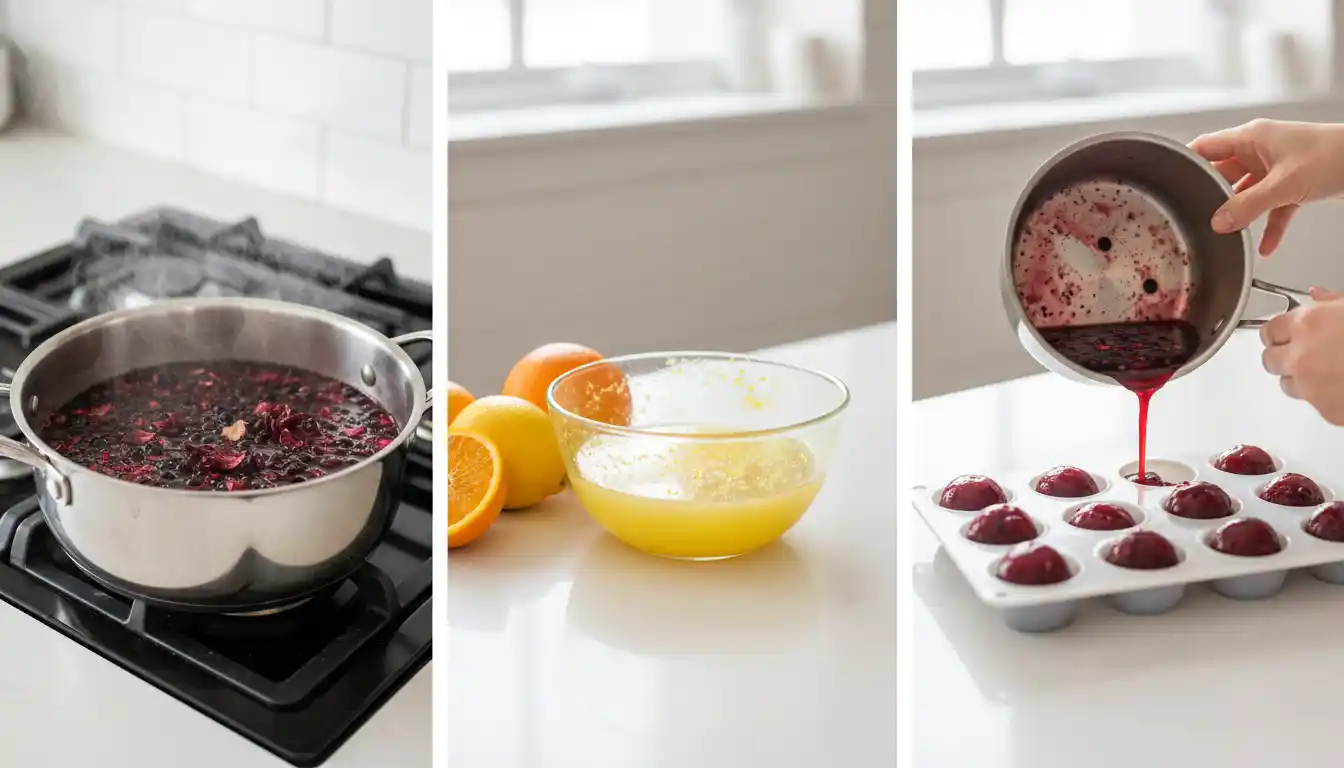 “Step-by-step process of making elderberry tea bombs, showing simmering elderberries, citrus blend, and silicone molds being filled with the antioxidant-rich mixture.”