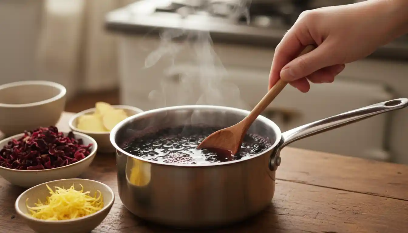“Simmering dried elderberries in a saucepan with steam rising, showing the best way to steep elderberries for an antioxidant-rich and immune-boosting herbal tea.”