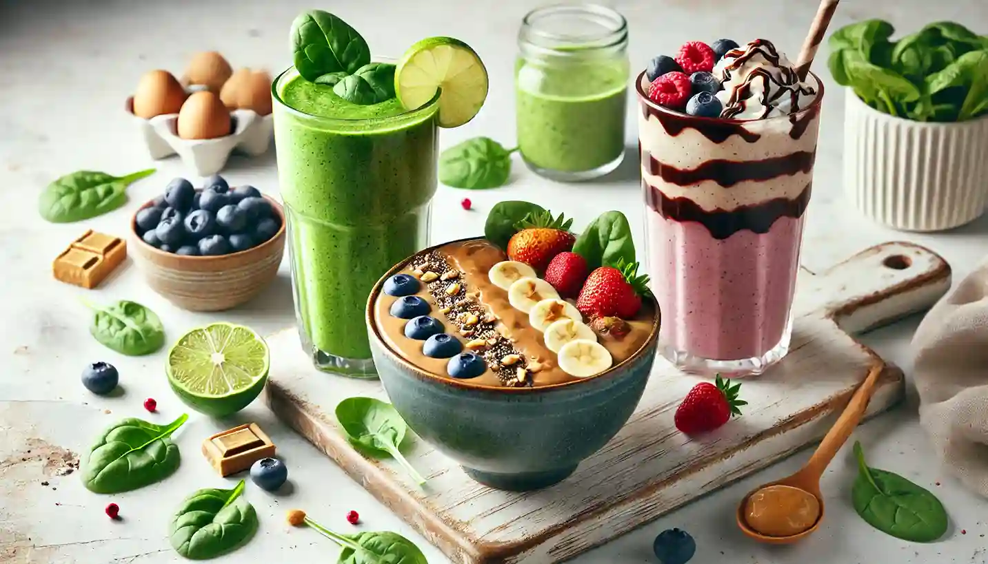 A mix of colorful smoothies and a smoothie bowl garnished with bananas, blueberries, and strawberries, with ingredients like spinach and lime in the background.