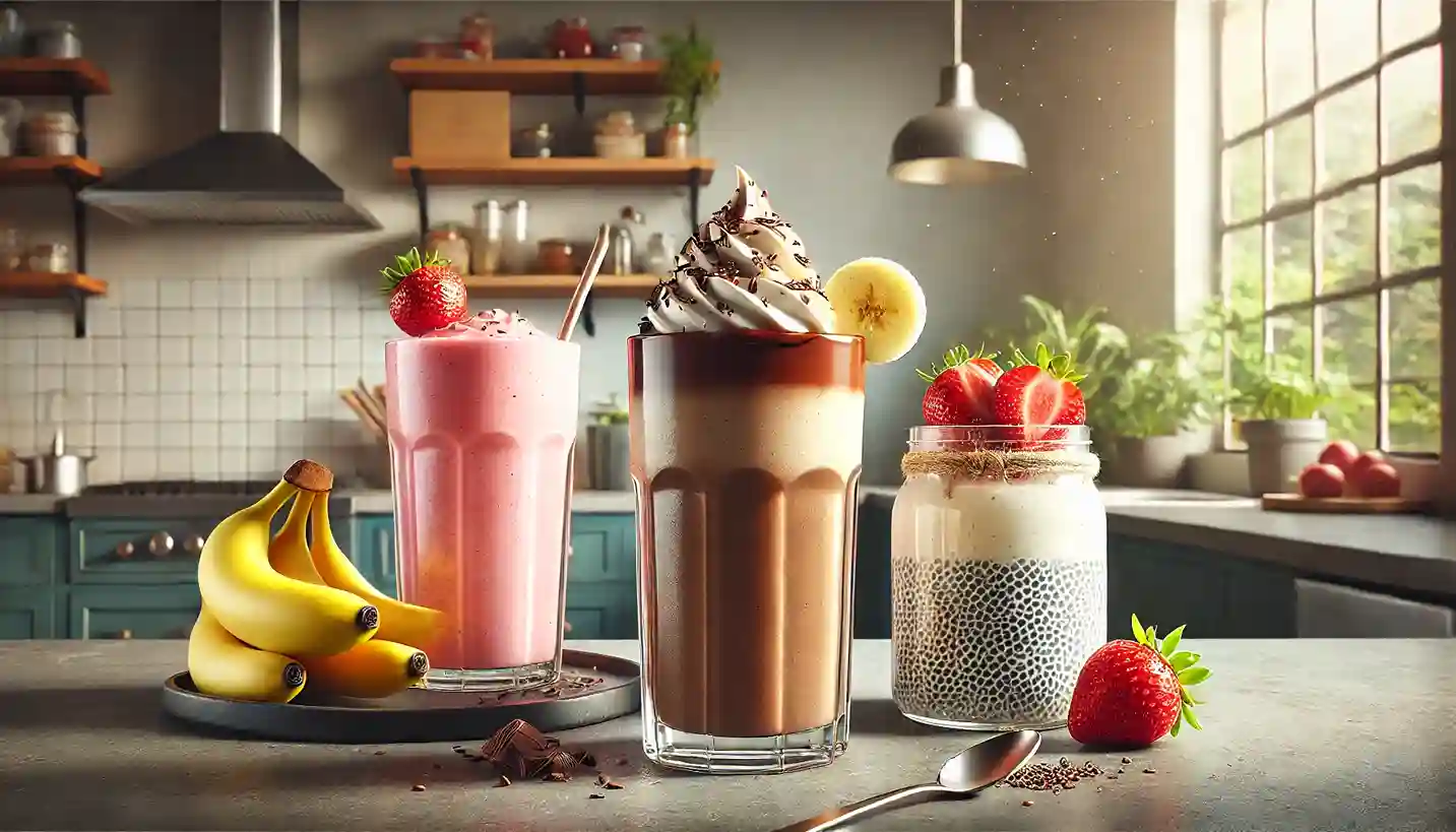 A variety of liquid diet beverages, including strawberry, chocolate, and banana smoothies, served with fresh fruits and chia pudding in a modern kitchen setting.