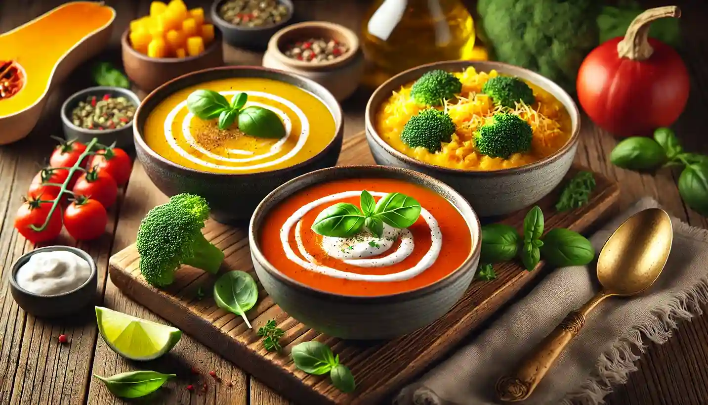 An assortment of vibrant liquid diet soups, including creamy pumpkin, tomato, and broccoli dishes, garnished with fresh herbs, served on a rustic wooden table.