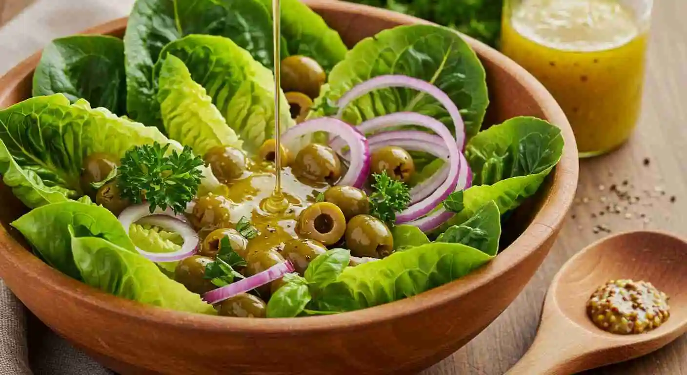 A fresh bowl of New Orleans Soaked Salad featuring green olives, red onion slices, romaine lettuce, and a drizzle of homemade soaked salad dressing in a wooden bowl.