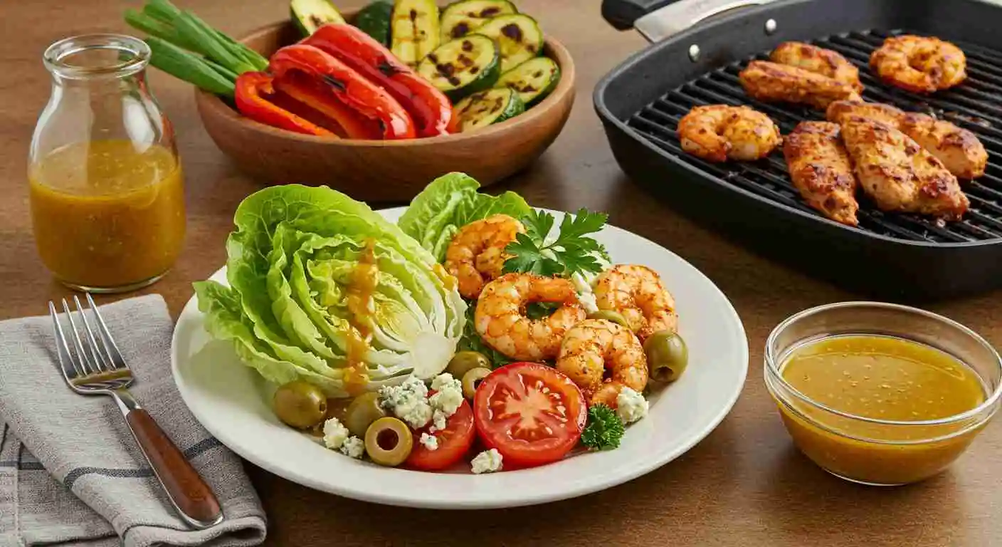 A delicious New Orleans soaked salad paired with grilled shrimp, chicken, and roasted vegetables, topped with a flavorful soaked salad dressing.