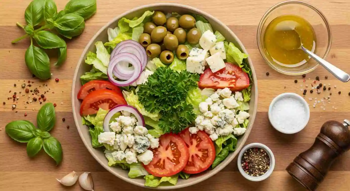 A New Orleans-style salad topped with blue cheese, green olives, red onion, fresh basil, and juicy tomatoes, served with a bowl of homemade dressing.