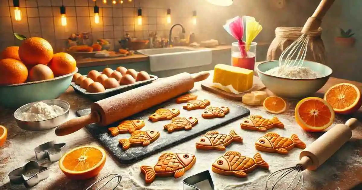 A cozy kitchen scene with orange fish-shaped cookies arranged on a baking tray, surrounded by fresh oranges, eggs, butter, flour, and baking tools, capturing the essence of making an orange fish cookie recipe.