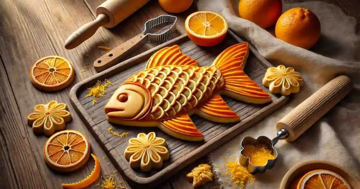 A beautifully crafted orange fish-shaped cookie on a wooden tray surrounded by orange slices, cookie molds, zest, and baking tools, showcasing an artistic orange cookie recipe.