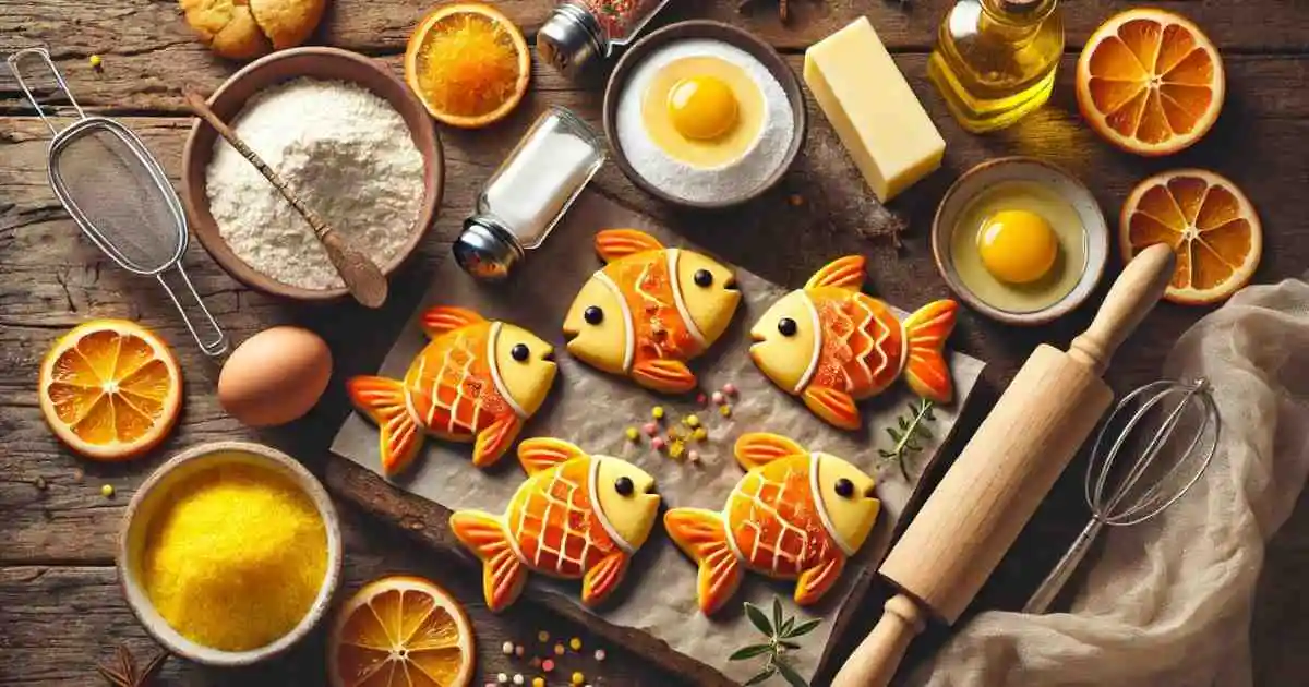 A rustic kitchen setup featuring orange fish-shaped cookies on a baking sheet surrounded by ingredients like flour, eggs, butter, orange slices, and baking tools, illustrating the preparation of an orange fish cookie recipe.