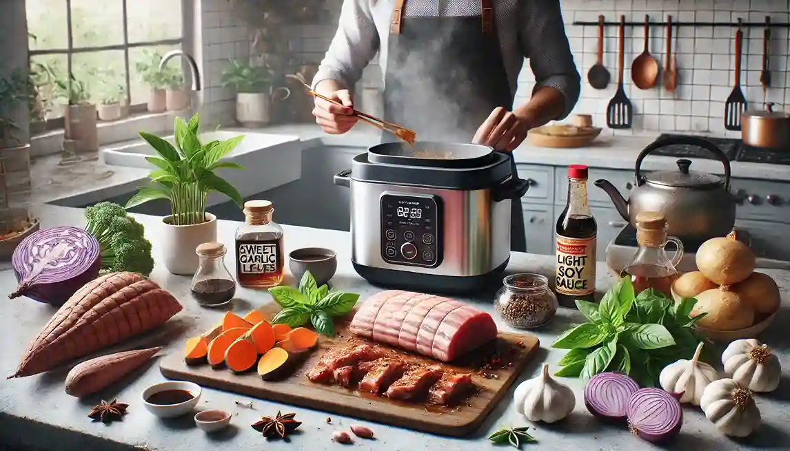 A modern kitchen featuring a thermal cooker in use, surrounded by fresh ingredients for Asian recipes, including sweet potatoes, garlic, light soy sauce, basil leaves, and sliced meat on a cutting board.