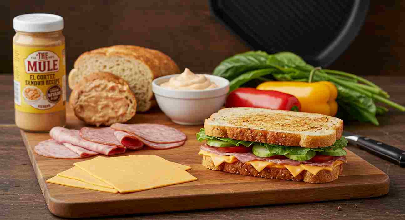 Ingredients for The Mule El Cortez Sandwich, including bread, cheese, salami, and fresh vegetables, displayed on a wooden board.