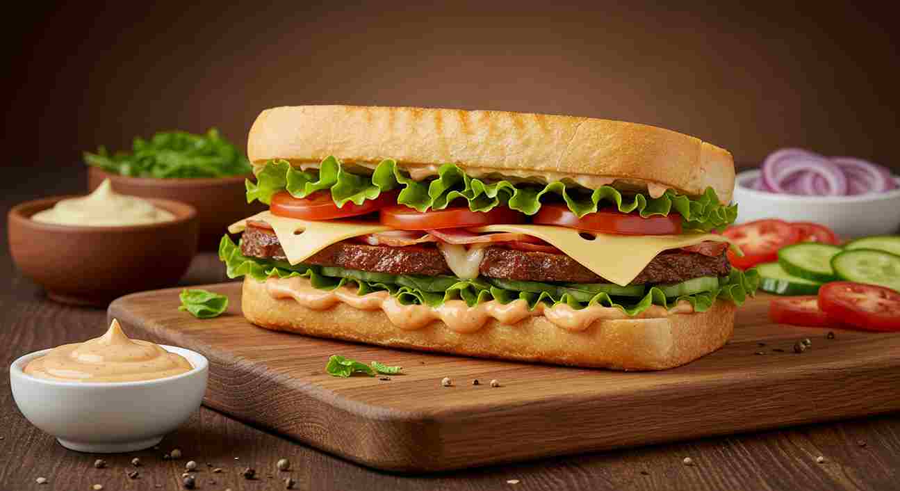 Front view of The Mule El Cortez Sandwich featuring layers of fresh vegetables, roast beef, cheese, and bread on a wooden board.