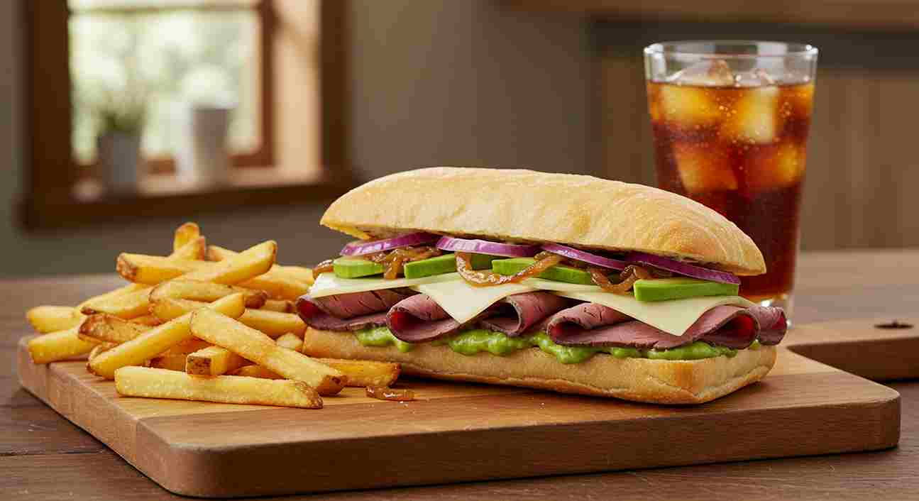 Flat lay of ingredients for The Mule El Cortez Sandwich, including sliced bread, vegetables, cheese, and roast beef.