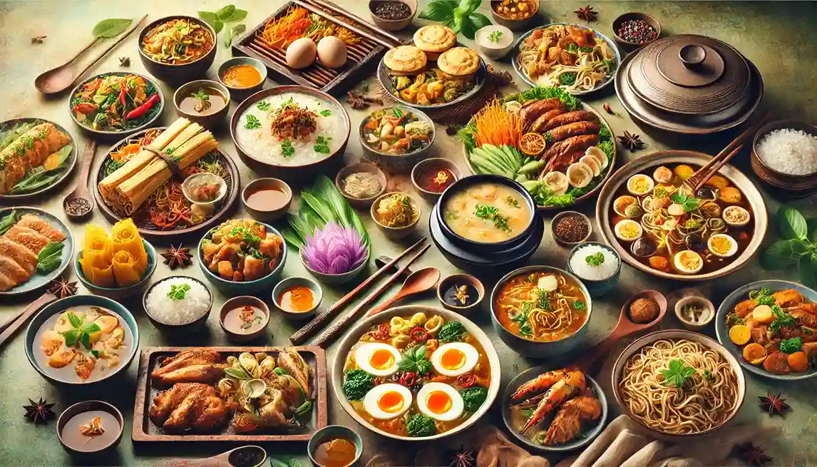 A vibrant spread of Asian dishes prepared using thermal cooking, featuring bowls of noodles, rice, soups, boiled eggs, fresh vegetables, and assorted traditional delicacies beautifully arranged on a table.