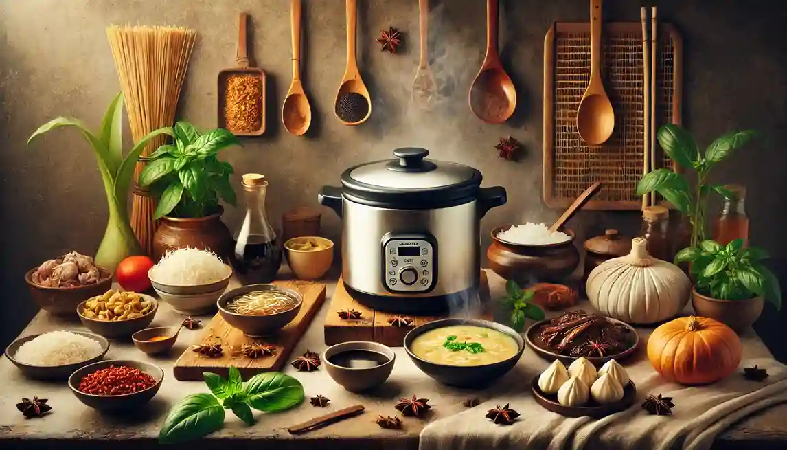 A beautifully arranged table featuring a thermal cooker surrounded by ingredients for Asian recipes, including noodles, rice, garlic, star anise, basil, soy sauce, and steamed dumplings.