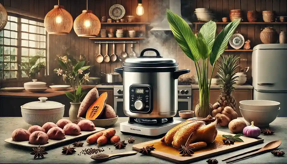 A cozy kitchen scene featuring a thermal cooker surrounded by fresh ingredients for Asian recipes, including sweet potatoes, star anise, carrots, and a roasted chicken on a cutting board.