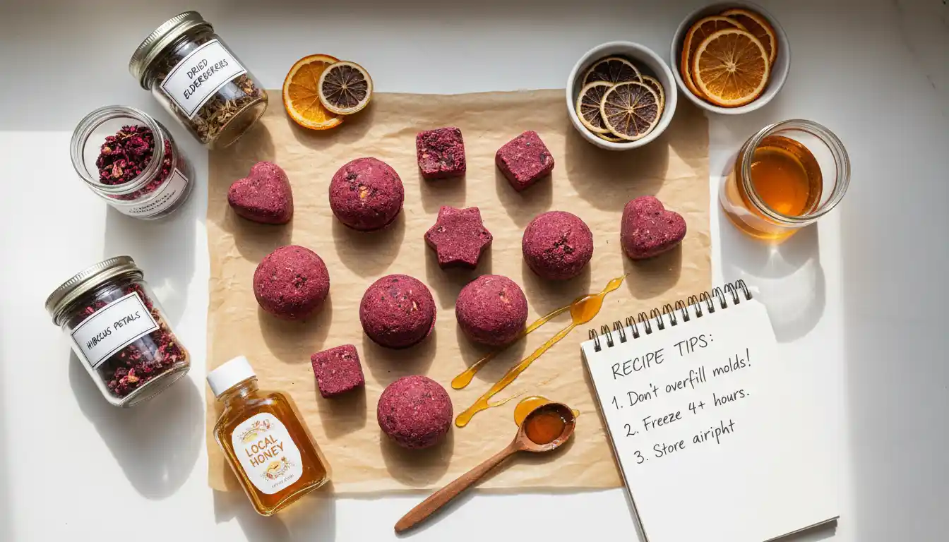 “Creative flat lay of elderberry tea bombs with labeled ingredients and recipe notes, showing DIY tips for making colorful antioxidant-rich tea bombs at home.”