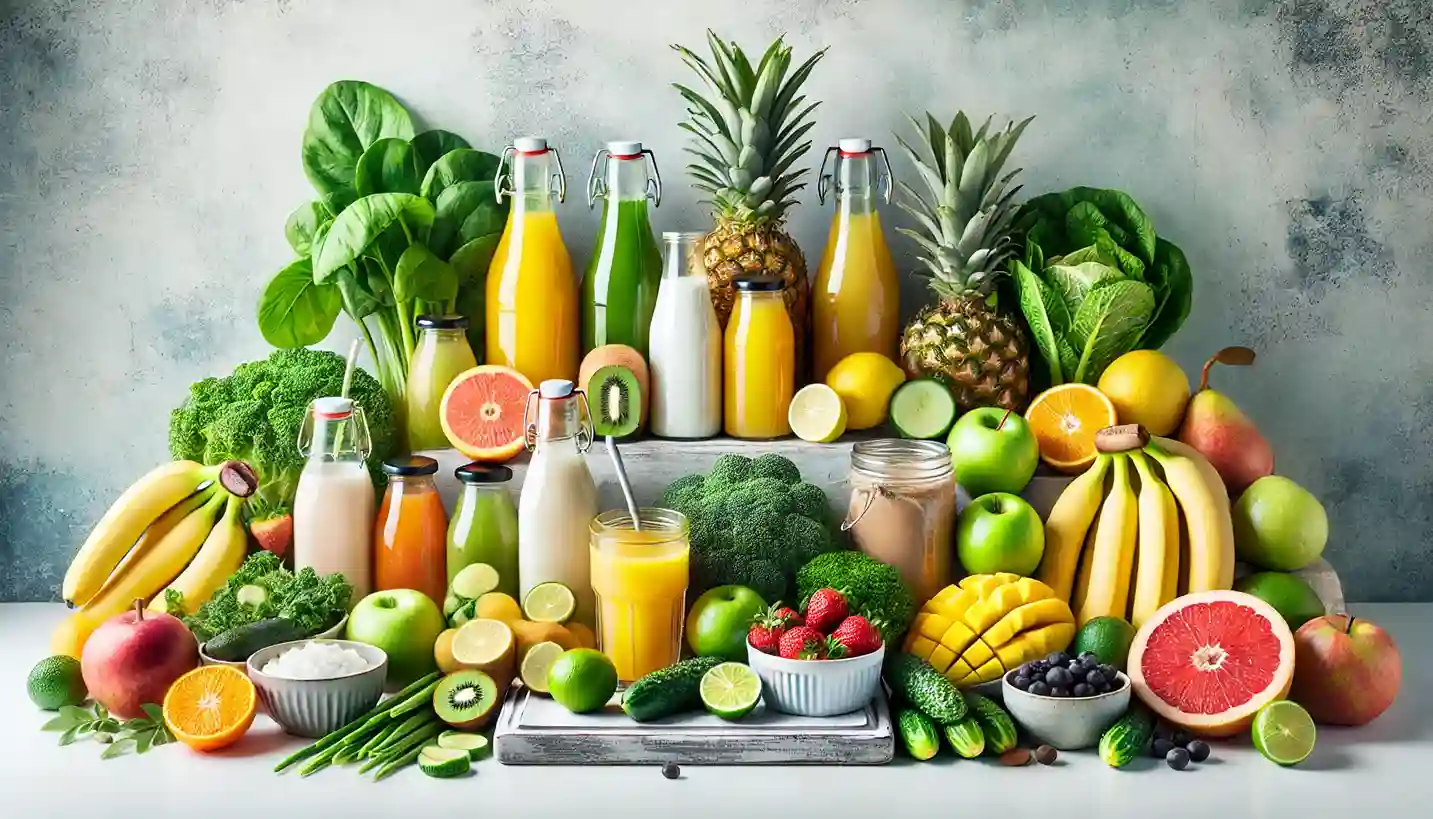 A variety of fruit and vegetable juices in glass bottles surrounded by pineapples, bananas, spinach, and citrus fruits, highlighting a liquid diet theme.