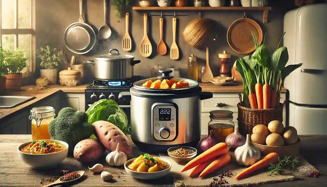 A rustic kitchen with a thermal cooker filled with vegetables, surrounded by fresh ingredients like carrots, sweet potatoes, broccoli, garlic, and cabbage, ideal for preparing Asian recipes.