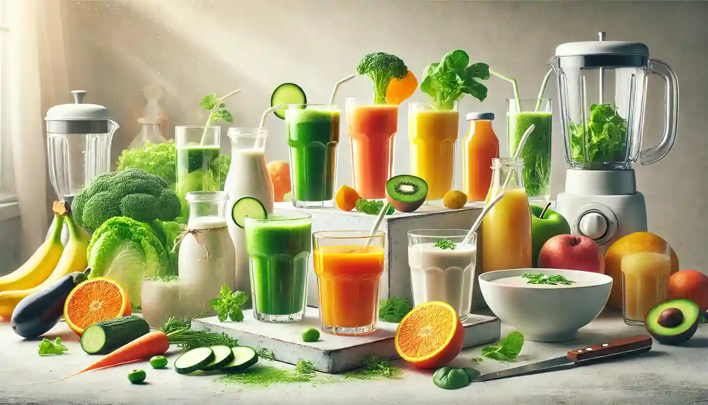 A collection of green smoothies and juices surrounded by fresh vegetables like broccoli, spinach, and cucumber, displayed with a blender.