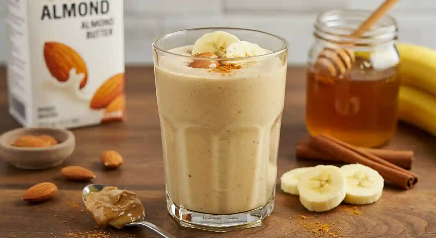 A banana and almond butter smoothie, rich in nutrients, for POTS patients to boost energy and hydration.