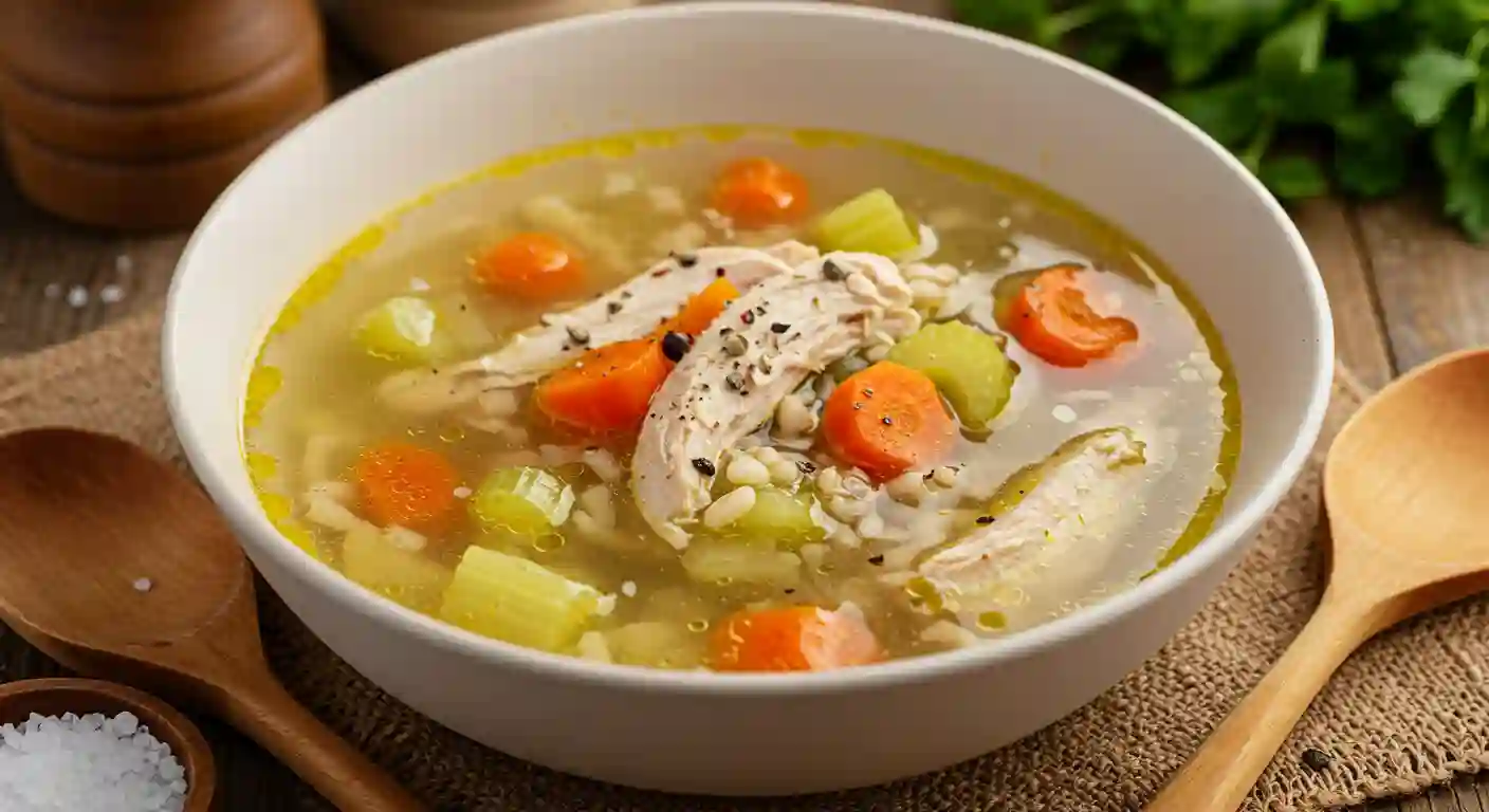 A bowl of chicken and vegetable soup, a nutritious option for individuals managing POTS symptoms.