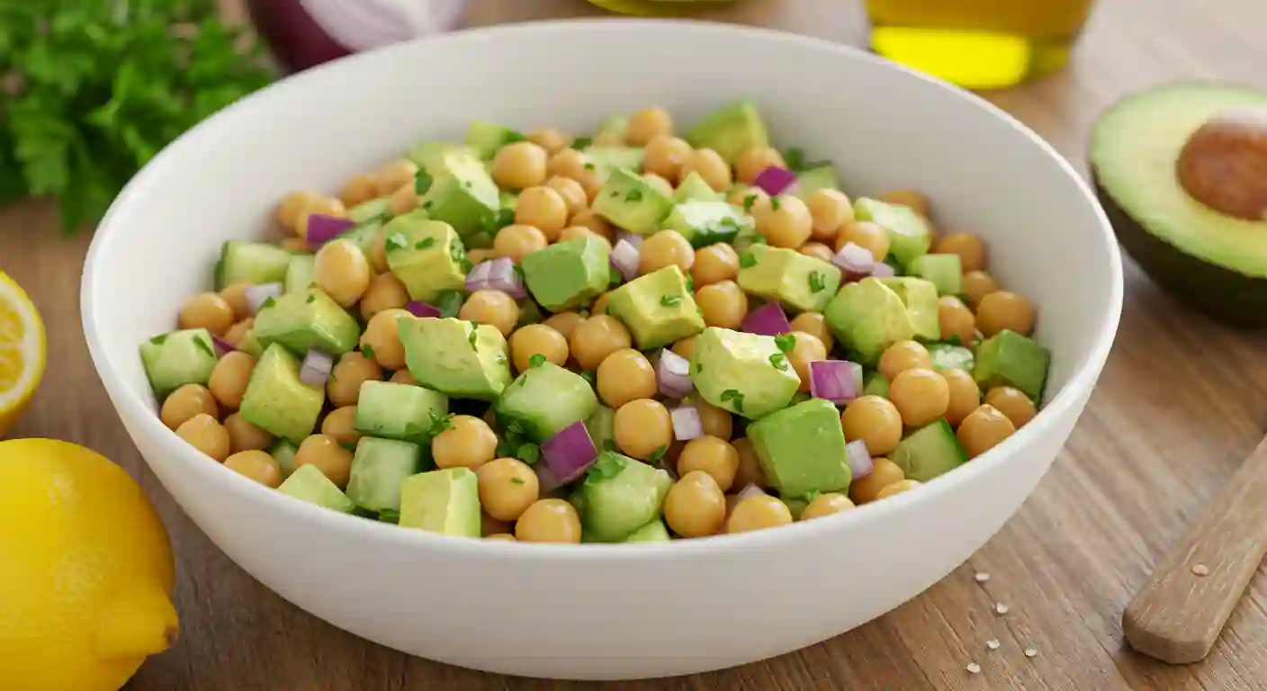 A chickpea and avocado salad with fresh lemon and herbs, a great choice for managing POTS.