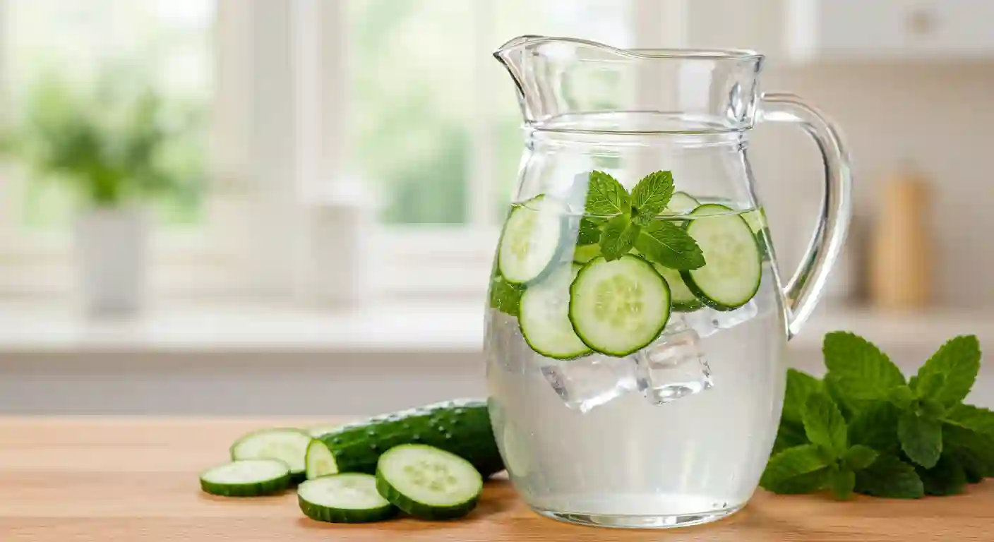 Refreshing cucumber and mint-infused water, an excellent hydrating beverage for POTS patients.