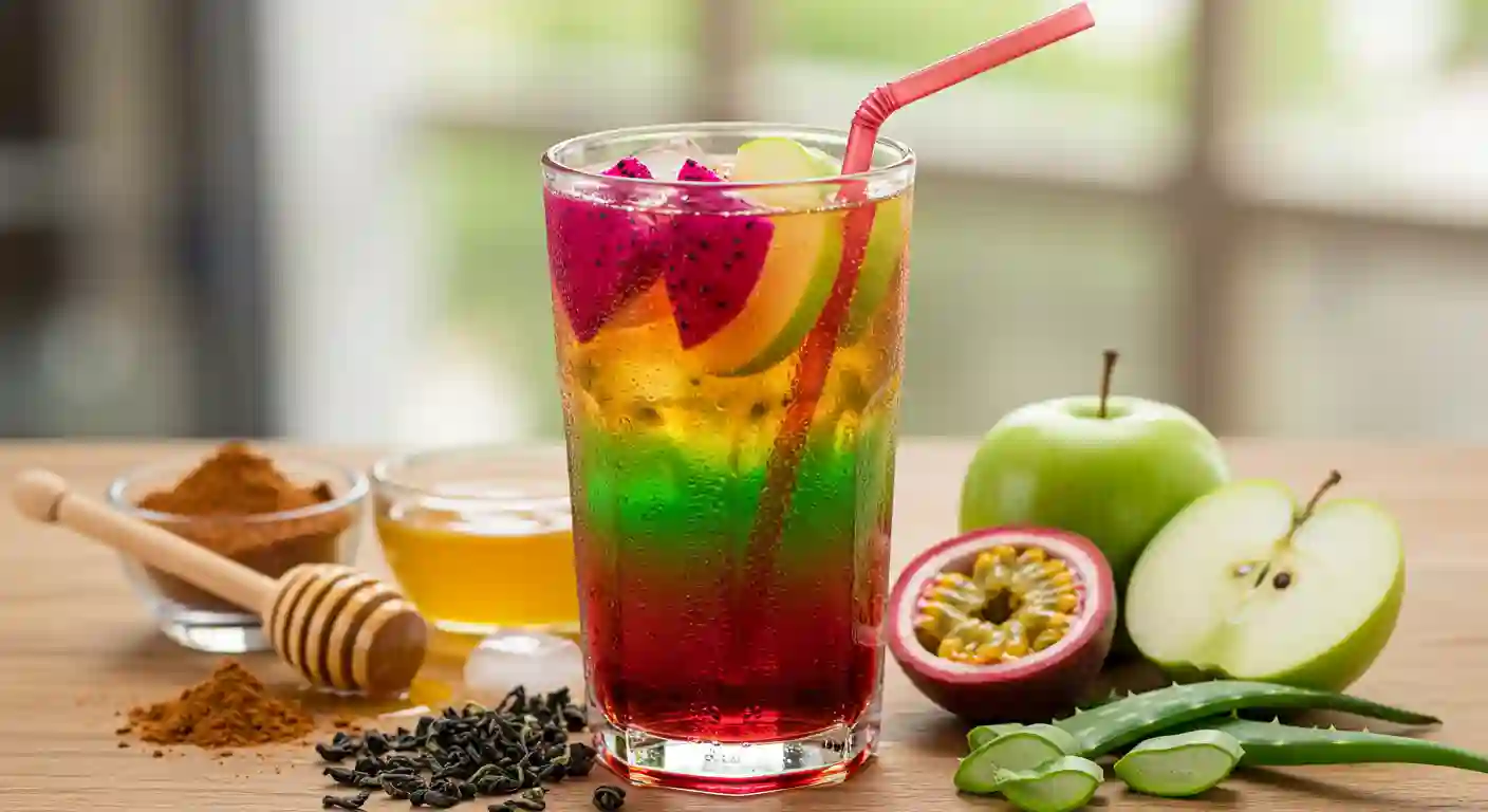 Dragonfruit and apple-loaded tea with honey and aloe vera, served in a tall glass with ice and fruit slices.