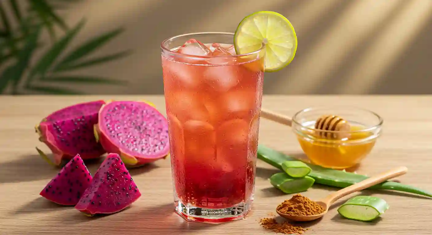 Dragonfruit-loaded tea with lime, aloe vera, and honey, served with ice in a refreshing tall glass.