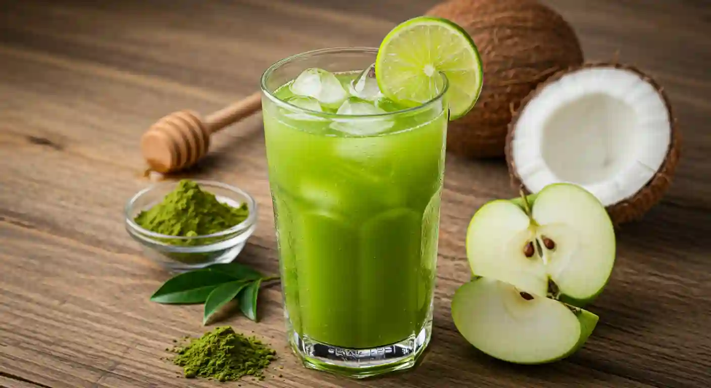 Green apple and coconut-loaded tea with ice, served in a tall glass with a lime slice and honey.