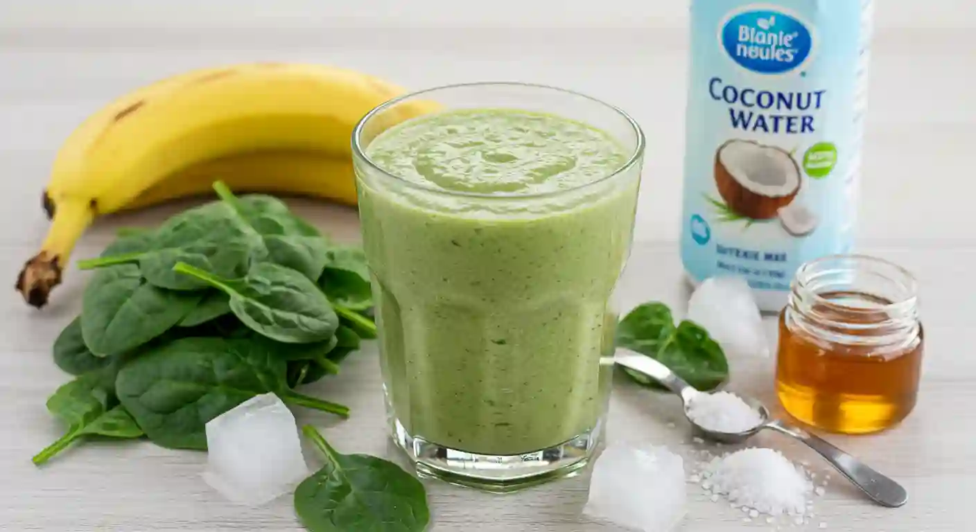 A green smoothie made with coconut water, spinach, and banana, perfect for maintaining hydration in POTS patients.