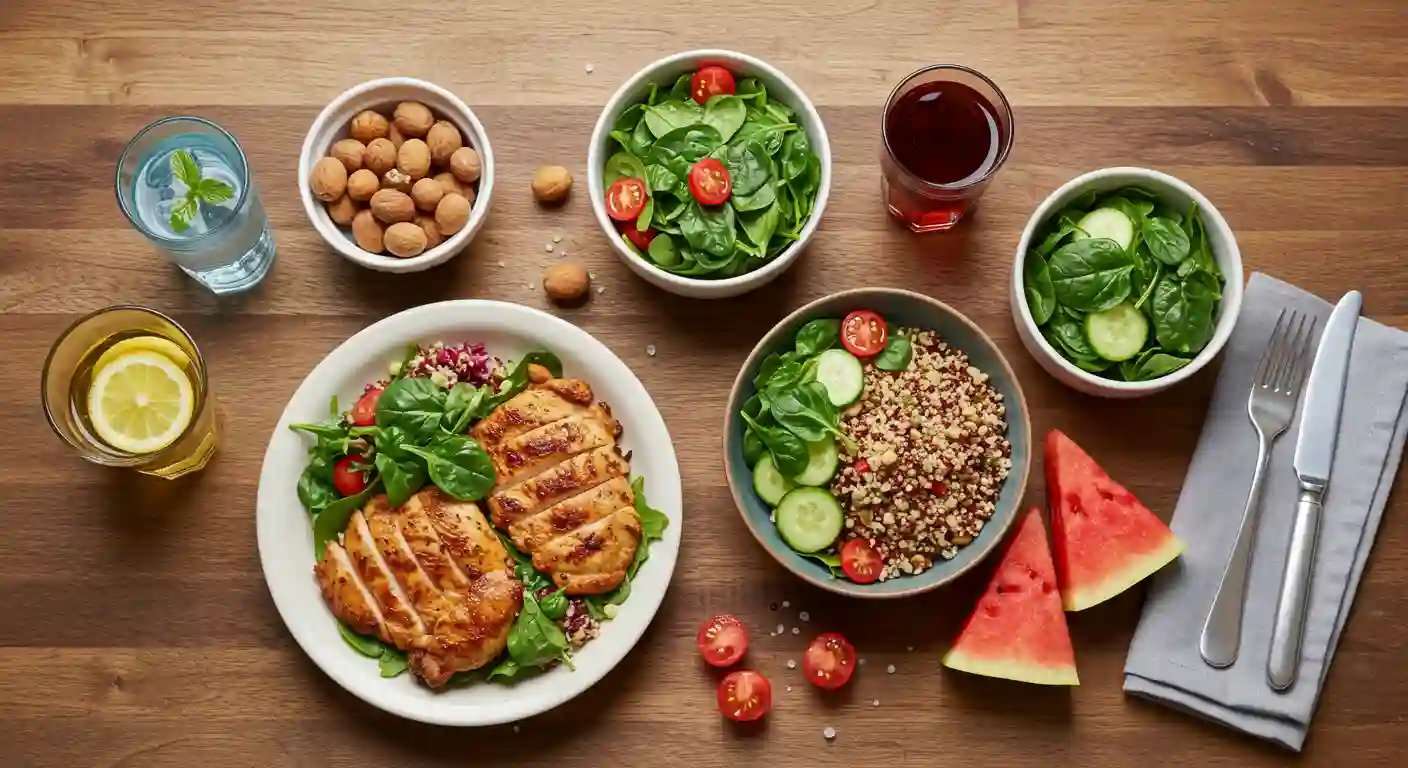 A healthy meal with grilled chicken, quinoa, and a fresh spinach salad, suitable for managing POTS symptoms.