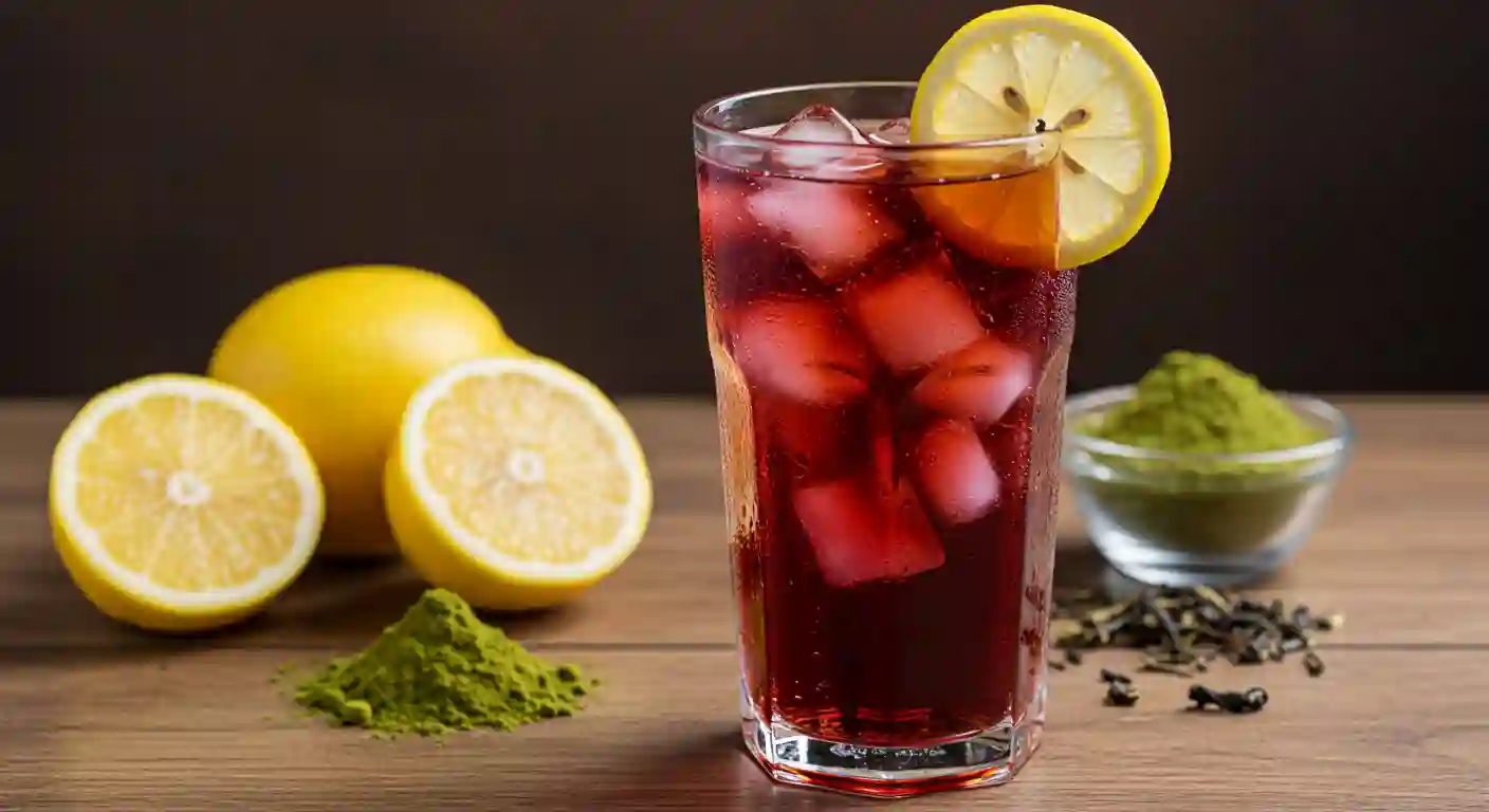 Lemon-loaded tea with ice, garnished with a lemon slice and green powder, with fresh lemons in the background