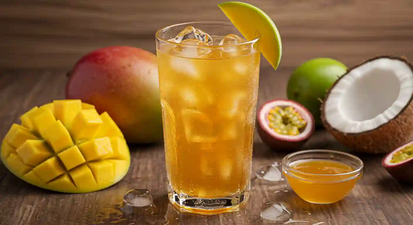 Mango and passionfruit-loaded tea with ice, served in a glass with a mango slice and coconut in the background.