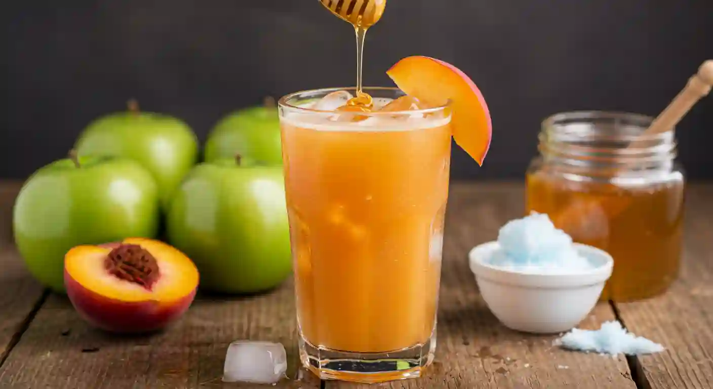 Peach and apple-loaded tea with ice, served with a peach slice and honey drizzle.