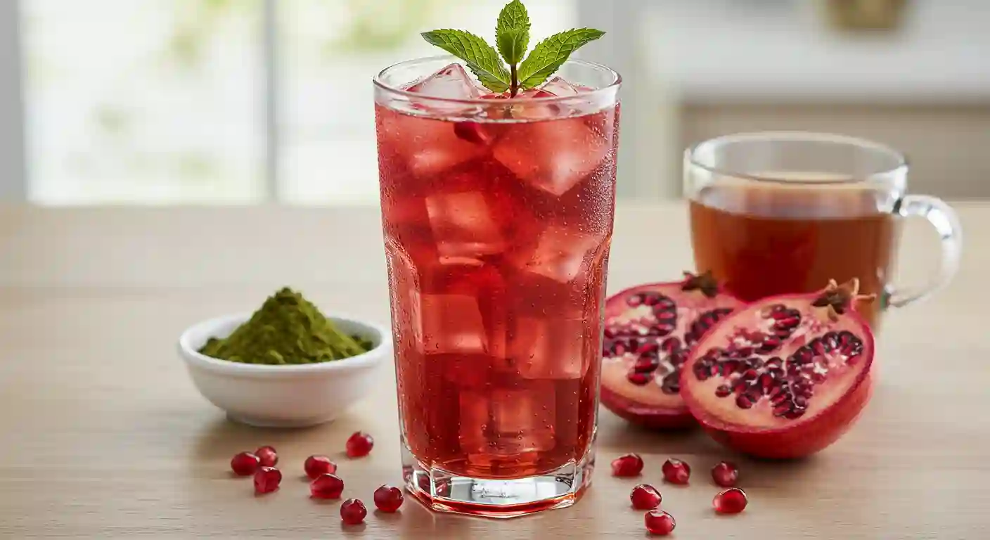  Pomegranate-loaded tea with ice, pomegranate seeds, and green powder, garnished with a mint leaf.