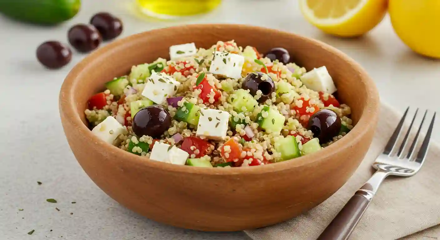 A refreshing quinoa salad with feta and vegetables, ideal for a POTS-friendly diet.