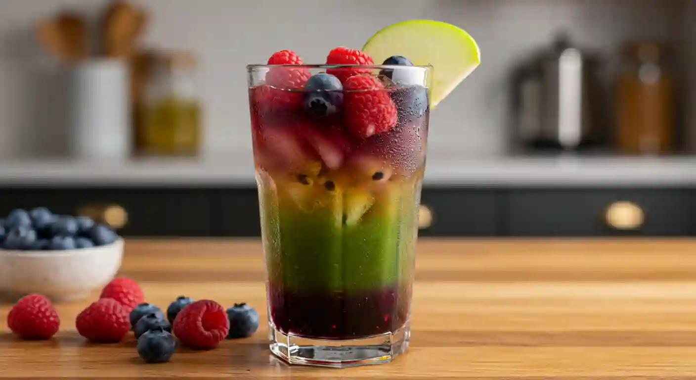 Colorful rainbow fruit-loaded tea with layers of fruits like raspberries, blueberries, and green apple, topped with ice.