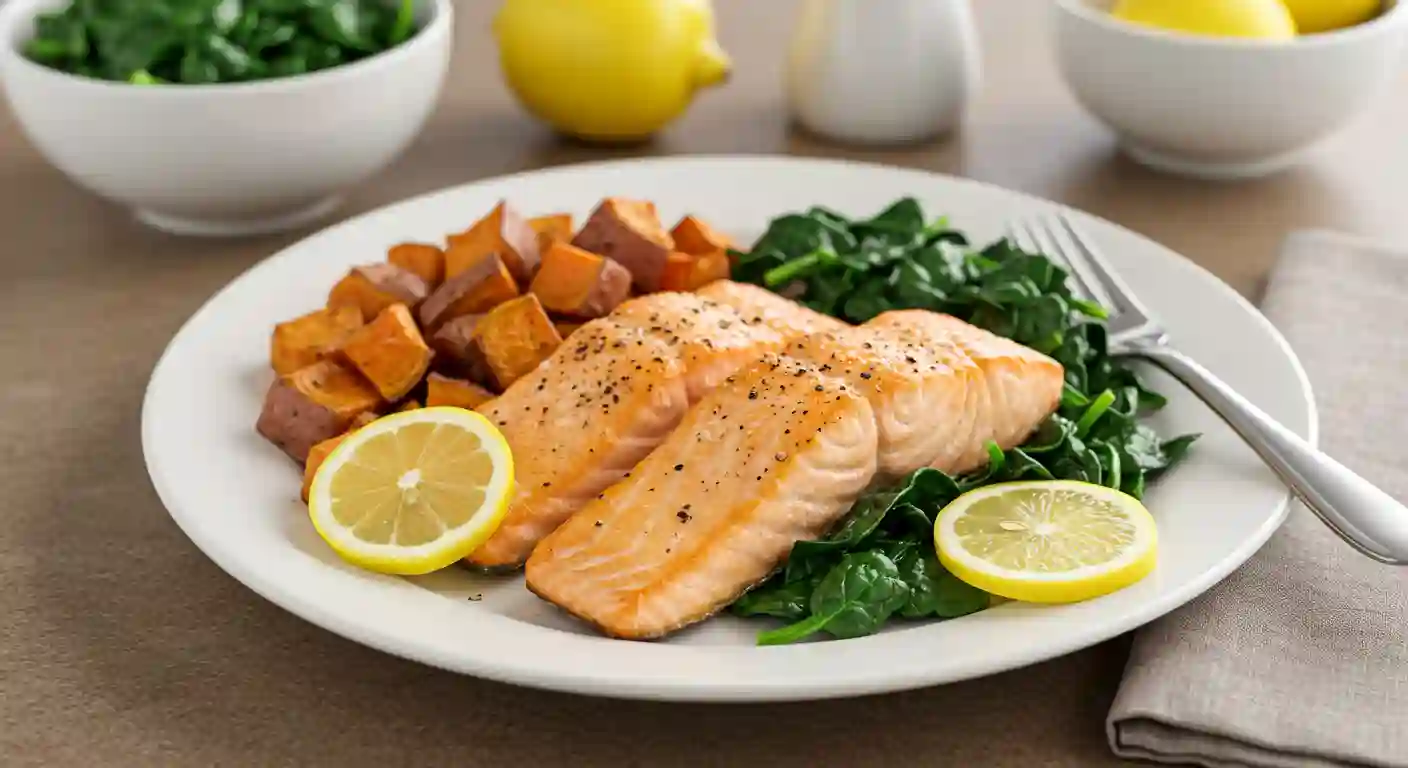 Grilled salmon with sweet potato and spinach, a balanced meal for individuals managing POTS symptoms.