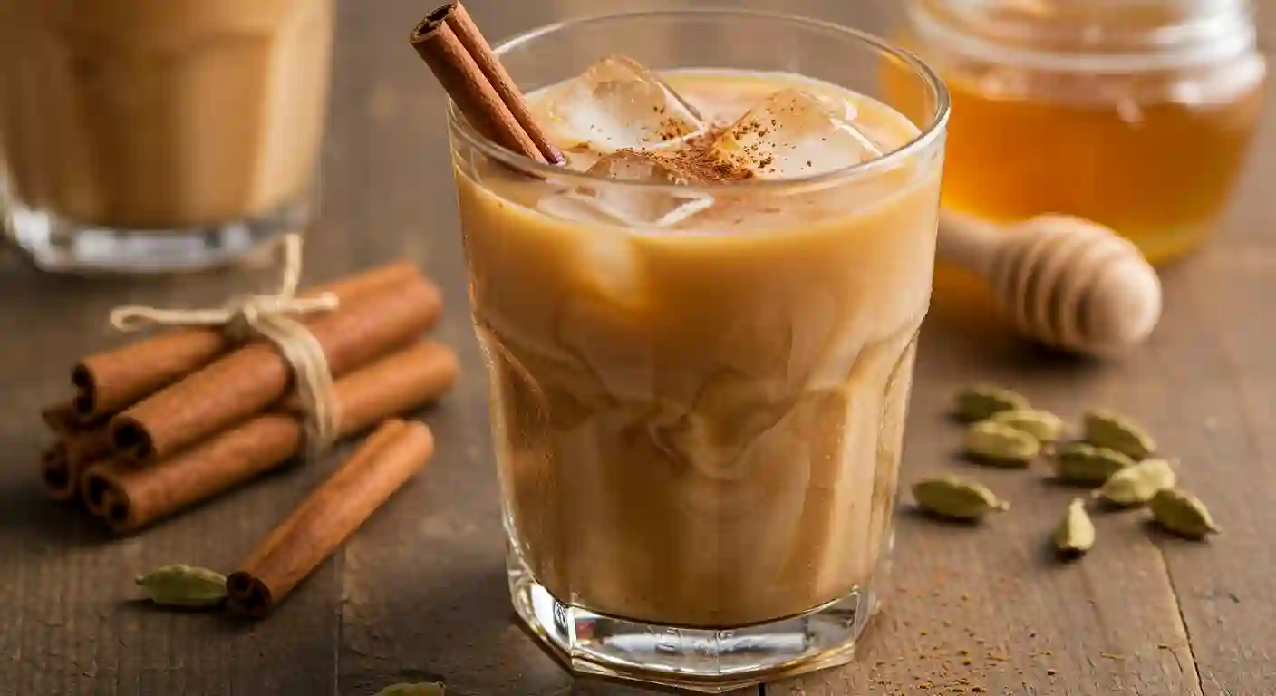 Spiced chai-loaded tea with cinnamon sticks, honey, and cardamom, served over ice in a tall glass.