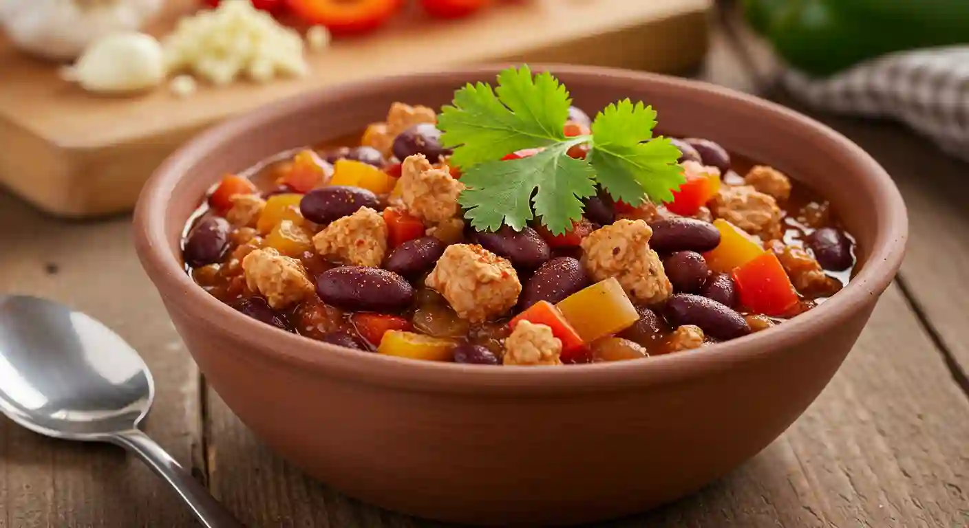 A hearty turkey and bean chili, rich in protein and fiber, ideal for managing POTS symptoms.