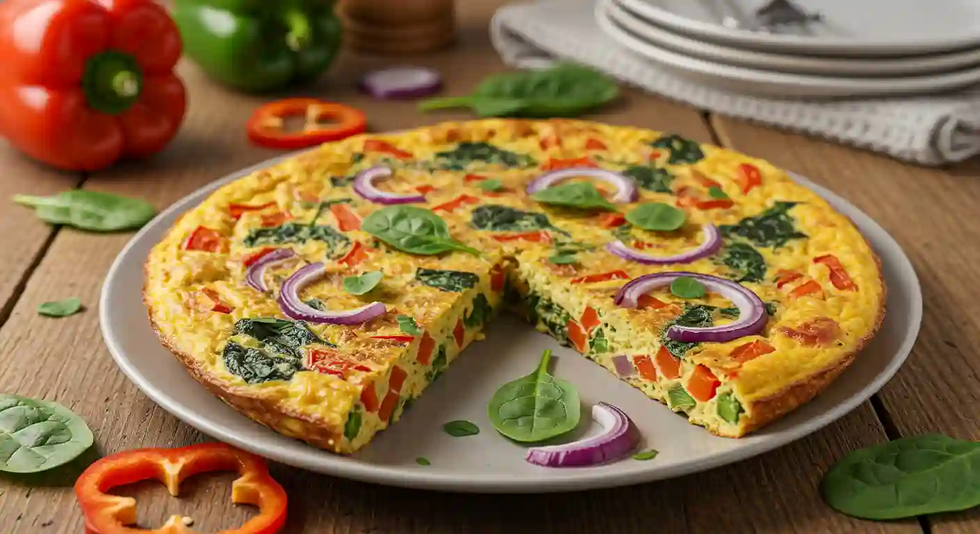 A vegetable-packed frittata with spinach and red bell peppers, perfect for a POTS-friendly diet.