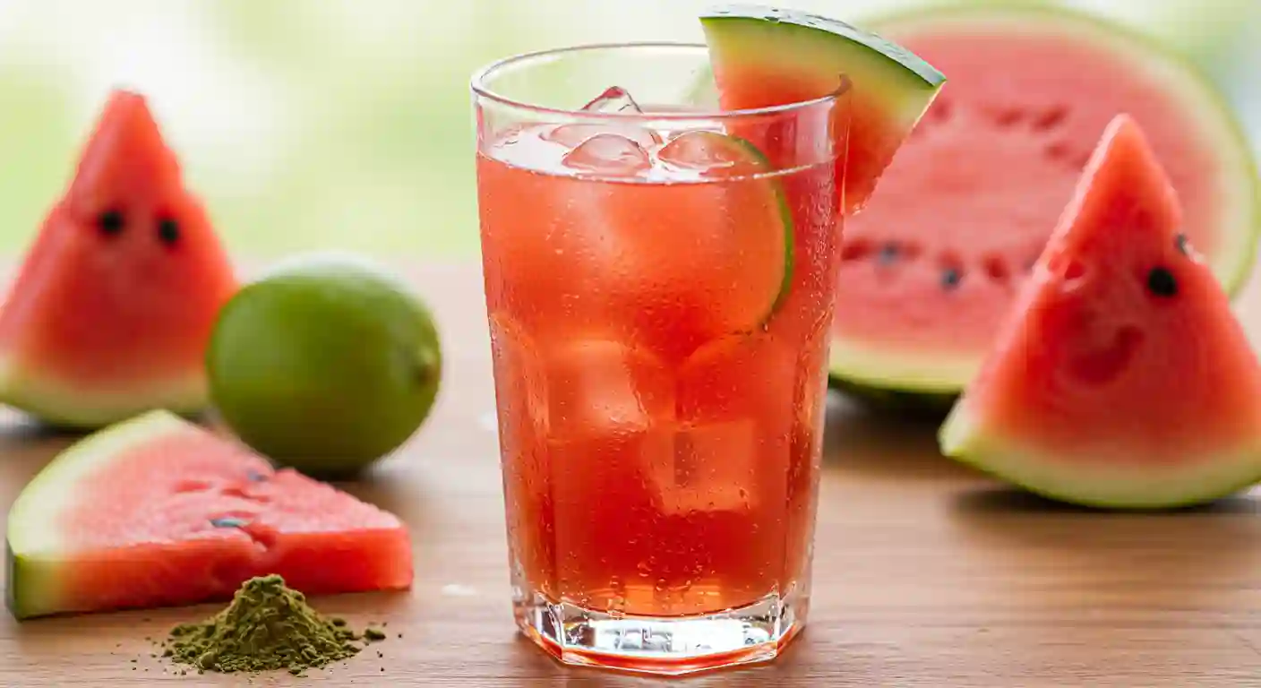  Refreshing watermelon-loaded tea with ice, lime, and a hint of green powder, served in a tall glass.