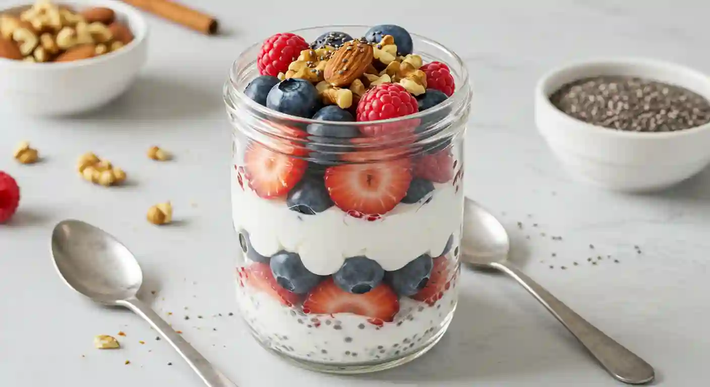 A healthy yogurt and berry parfait with chia seeds and nuts, a great snack option for people with POTS.