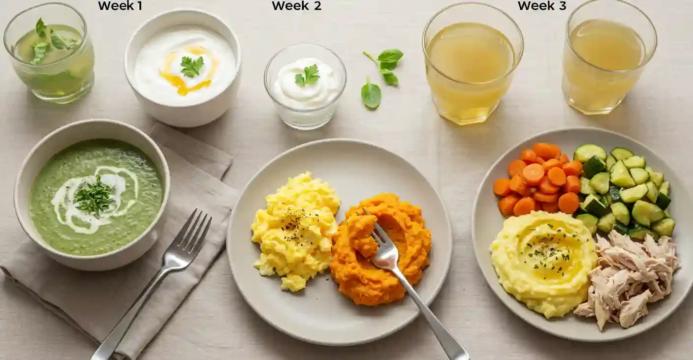 A three-week bariatric soft food meal plan progression from blended soups to mashed and finely chopped foods, including eggs, mashed potatoes, and vegetables.