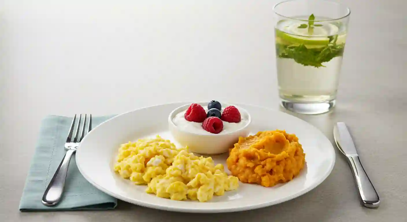 A bariatric soft food meal including scrambled eggs, mashed sweet potatoes, Greek yogurt with berries, and a refreshing mint-infused drink.