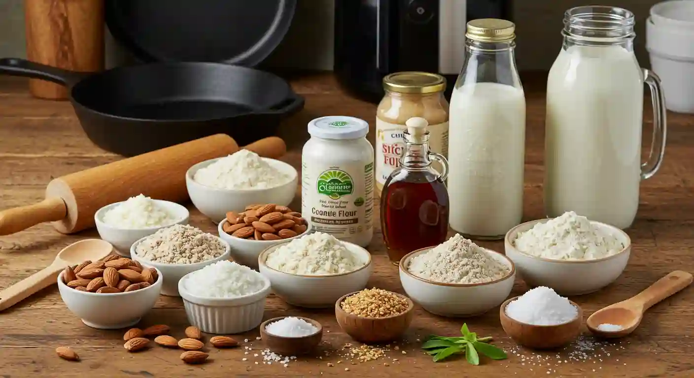 A selection of gluten-free baking ingredients, including coconut flour, almond flour, natural sweeteners, and plant-based milk, displayed on a rustic wooden table