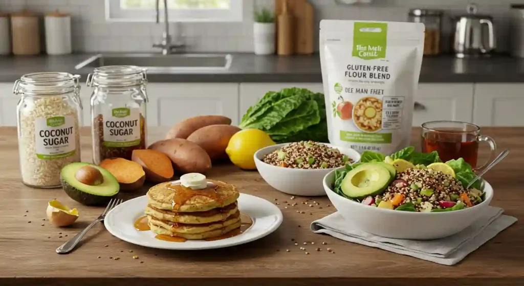 A stack of gluten-free pancakes topped with butter and syrup, accompanied by fresh avocado, quinoa salad, and natural coconut sugar in a cozy kitchen setting.