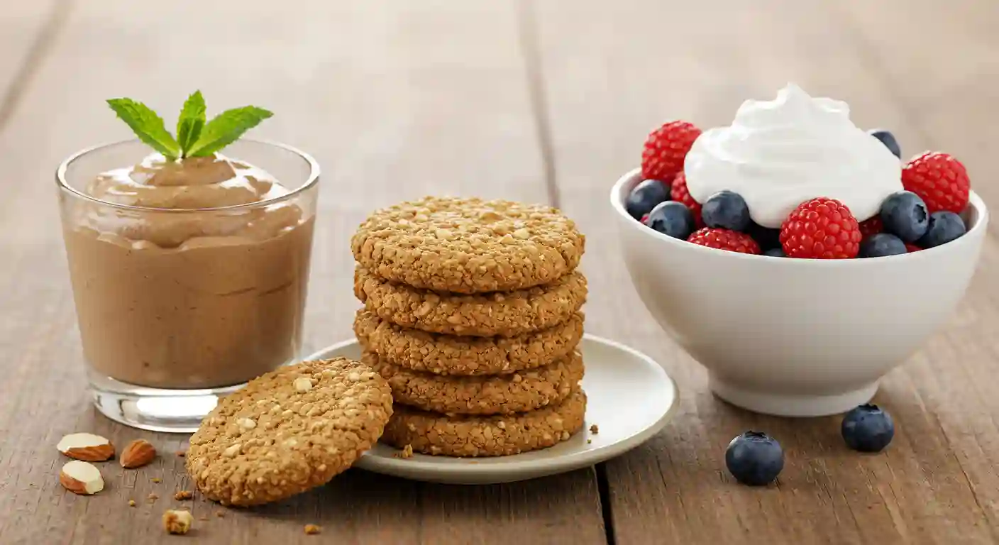 A wholesome gluten-free dessert spread including oatmeal cookies, chocolate mousse, and fresh berries with yogurt