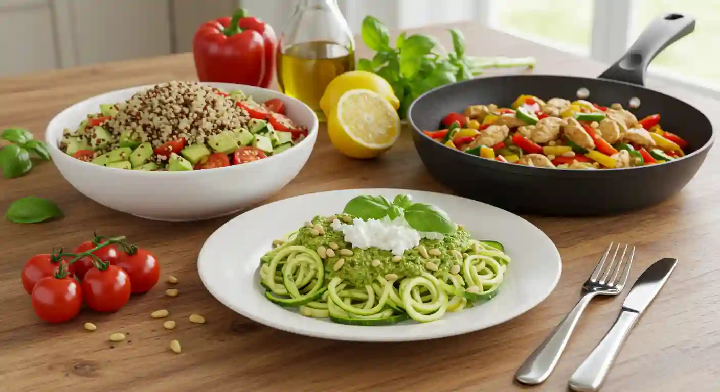 A vibrant gluten-free lunch spread with zucchini noodles in pesto sauce, a quinoa salad with fresh vegetables, and a colorful stir-fry in a pan